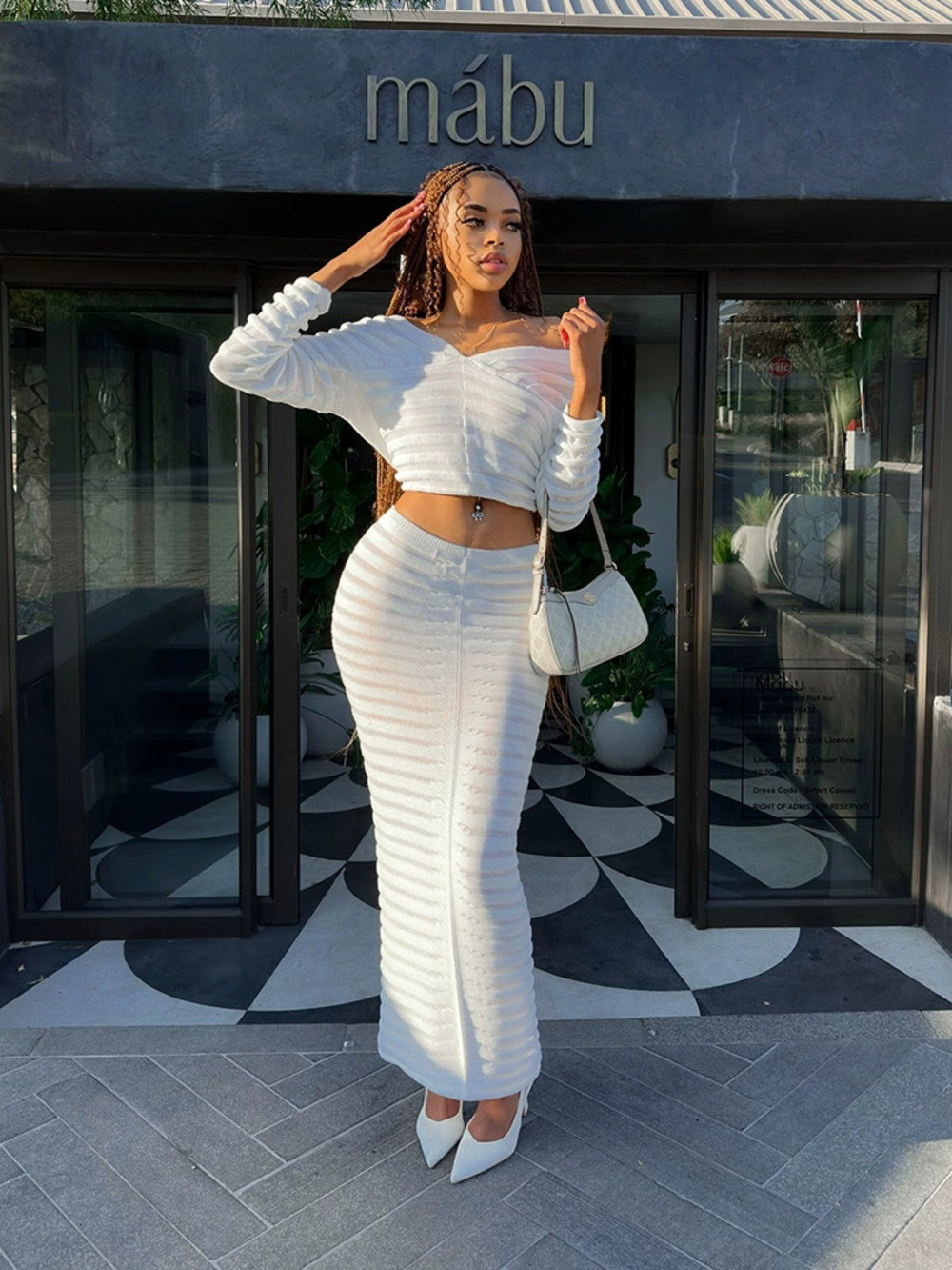 ZARA Sexy Fall Long Sleeve Knit Off Shoulder Striped Top and Bodycon Skirt Set